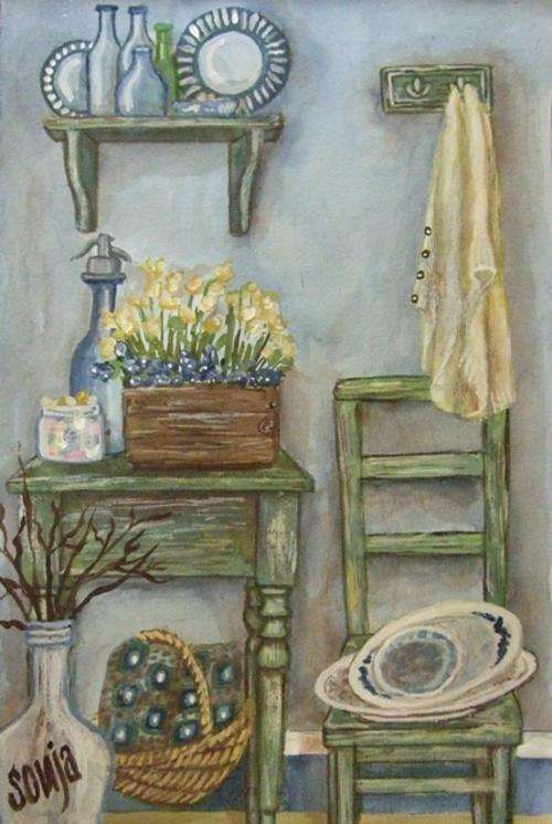 ***Acrylics - Blue and green still life  - 20 x 30.5cm - Sonja Peacock***