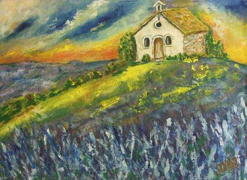 ***Oil on canvas - The Church on the hill  - 20.5 x 29cm - Sonja Peacock***