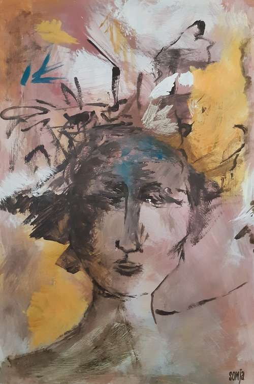 ***Abstract Acrylics - Woman with hat - 40 x 60 x 1.5cm - Sonja Peacock ***