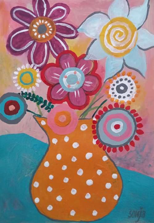 Flowers in pot -  Acrylics on paper