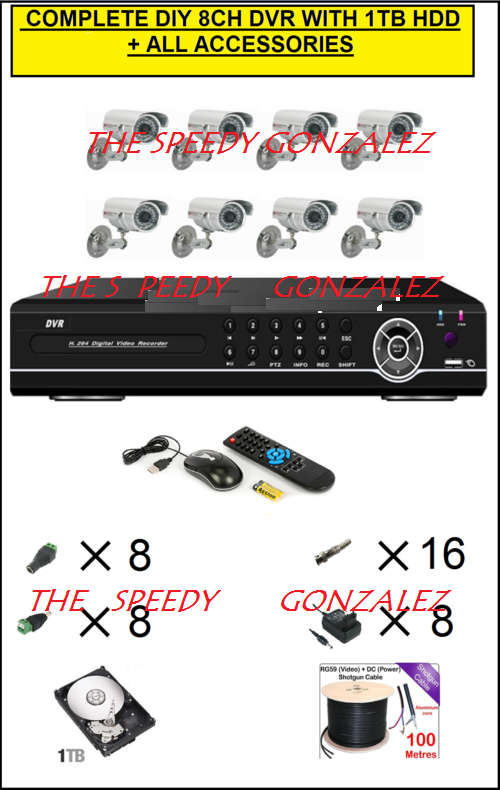 COMPLETE 8CH DIY DVR WITH 1TB HDD+ 8 CAMERAS + CABLE & ACCESSORIES