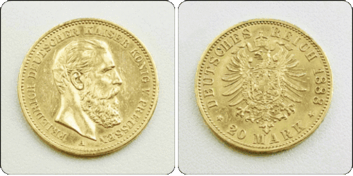 German 20 mark gold coin from 1888. Kaiser Friedrich.