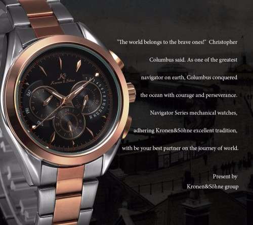 Authentic Men's Kronen&Sohne Analog Automatic Mechanical Day/Date/24 hour Display Steel Wrist Watch