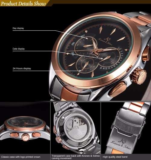 Authentic Men's Kronen&Sohne Analog Automatic Mechanical Day/Date/24 hour Display Steel Wrist Watch