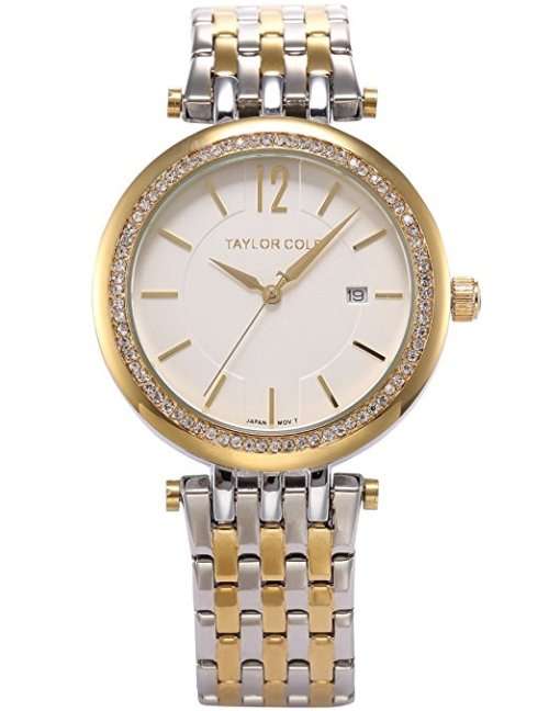 Authentic Taylor Cole Auto Date Display Crystal Rhinestones Gold Case Women Dress Watch