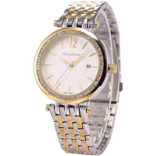 Authentic Taylor Cole Auto Date Display Crystal Rhinestones Gold Case Women Dress Watch