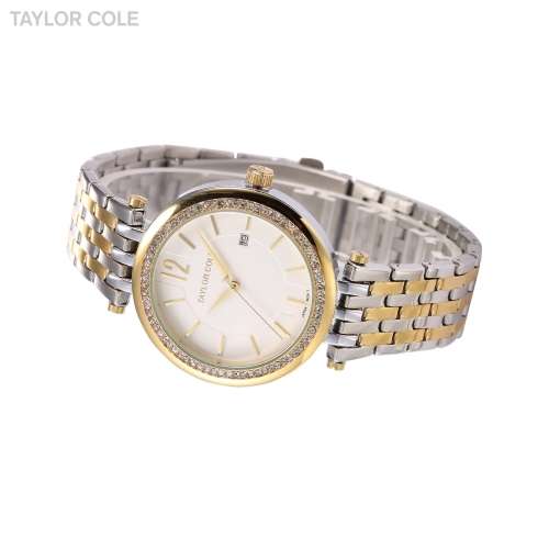 Authentic Taylor Cole Auto Date Display Crystal Rhinestones Gold Case Women Dress Watch