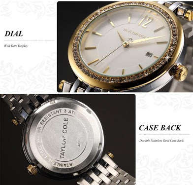 Authentic Taylor Cole Auto Date Display Crystal Rhinestones Gold Case Women Dress Watch