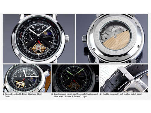 Authentic, Brand New KS Men's Wrist Watch Luxury Moon Phase Automatic Mechanical Black Dial