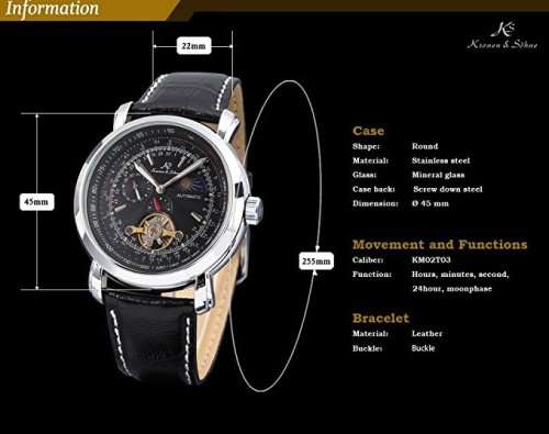 Authentic, Brand New KS Men's Wrist Watch Luxury Moon Phase Automatic Mechanical Black Dial
