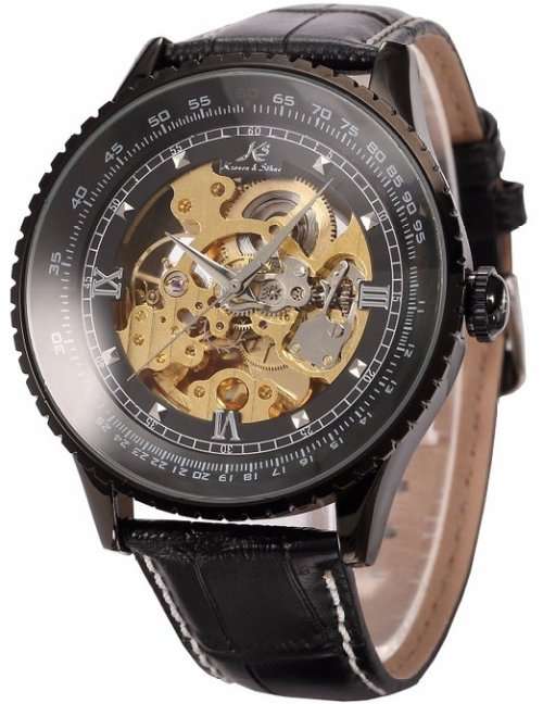 Authentic Brand New KS Royal Carving Mechanical Skeleton Black Men's Wrist Watch