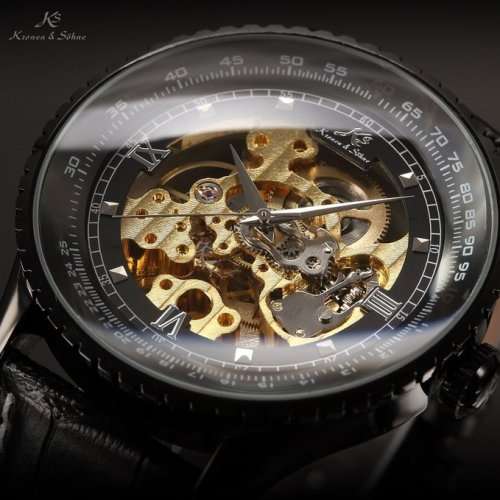 Authentic Brand New KS Royal Carving Mechanical Skeleton Black Men's Wrist Watch