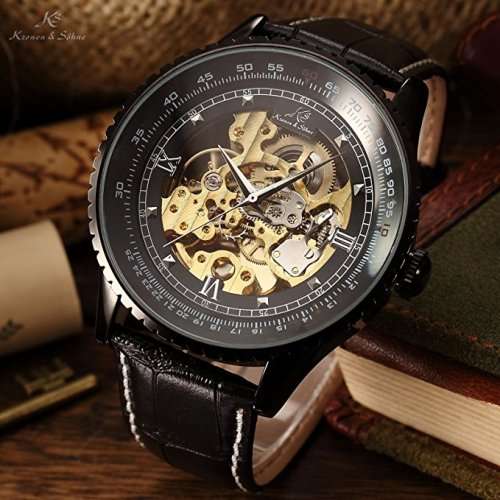 Authentic Brand New KS Royal Carving Mechanical Skeleton Black Men's Wrist Watch