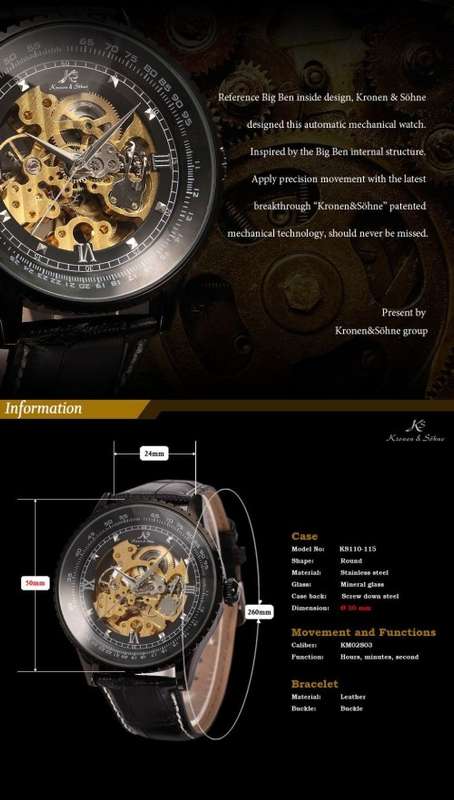 Authentic Brand New KS Royal Carving Mechanical Skeleton Black Men's Wrist Watch