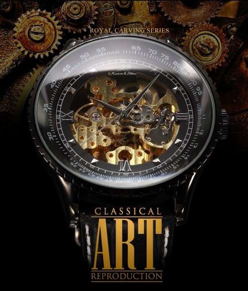 Authentic Brand New KS Royal Carving Mechanical Skeleton Black Men's Wrist Watch