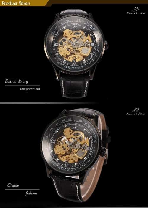 Authentic Brand New KS Royal Carving Mechanical Skeleton Black Men's Wrist Watch