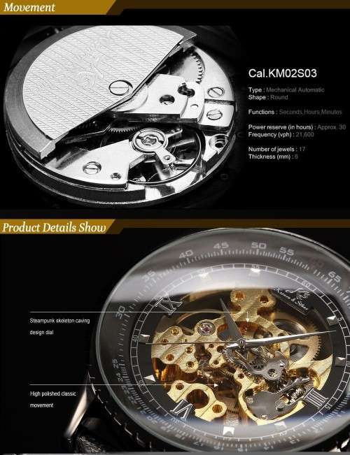 Authentic Brand New KS Royal Carving Mechanical Skeleton Black Men's Wrist Watch