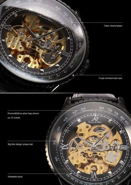 Authentic Brand New KS Royal Carving Mechanical Skeleton Black Men's Wrist Watch