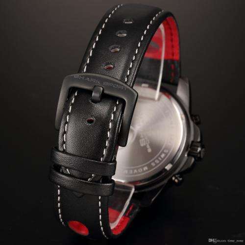 Luxury Men's Shark Stainless Steel Case Day Date Hollow Leather Strap Sports Watches Black Red