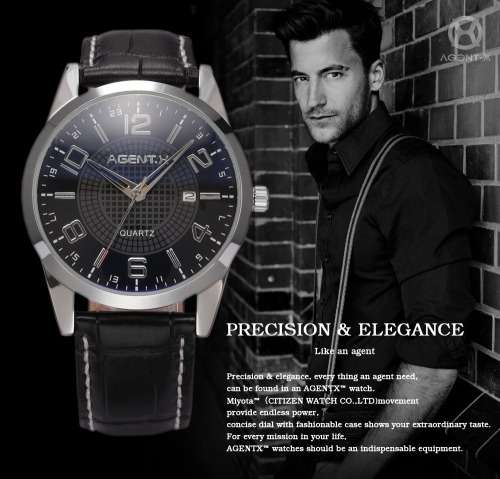 Authentic AgentX Unique Blue Dial Date Leather Quartz Mens Sport Wrist Watch With Gift Box