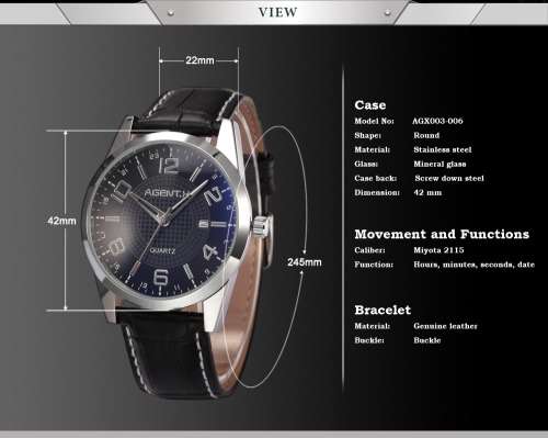 Authentic AgentX Unique Blue Dial Date Leather Quartz Mens Sport Wrist Watch With Gift Box