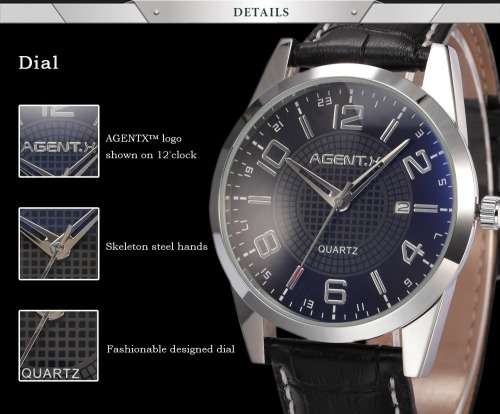 Authentic AgentX Unique Blue Dial Date Leather Quartz Mens Sport Wrist Watch With Gift Box