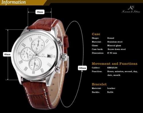 KS Automatic Mechanical Men's Analog Wrist Watch Gold Case Brown Leather Band