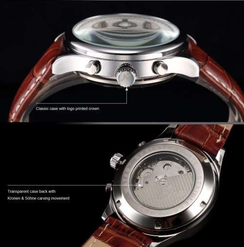 KS Automatic Mechanical Men's Analog Wrist Watch Gold Case Brown Leather Band