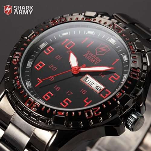 SHARK ARMY Date Day Black Stainless Steel Band Military Mens Quartz Sport Wrist Watch