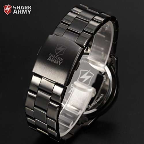 SHARK ARMY Date Day Black Stainless Steel Band Military Mens Quartz Sport Wrist Watch