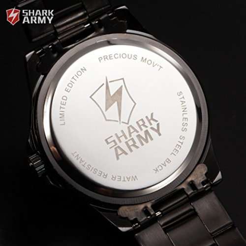 SHARK ARMY Date Day Black Stainless Steel Band Military Mens Quartz Sport Wrist Watch