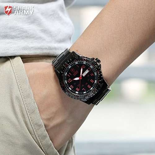 SHARK ARMY Date Day Black Stainless Steel Band Military Mens Quartz Sport Wrist Watch