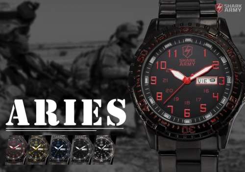 SHARK ARMY Date Day Black Stainless Steel Band Military Mens Quartz Sport Wrist Watch