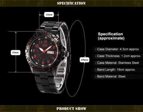SHARK ARMY Date Day Black Stainless Steel Band Military Mens Quartz Sport Wrist Watch