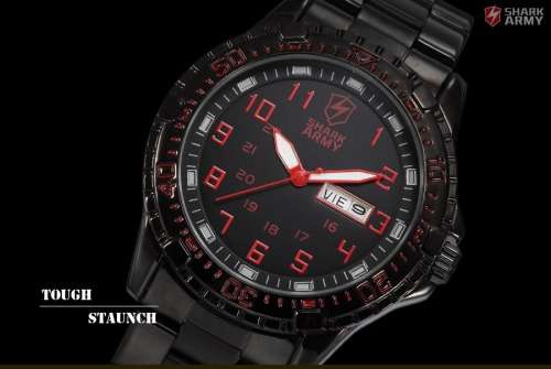 SHARK ARMY Date Day Black Stainless Steel Band Military Mens Quartz Sport Wrist Watch