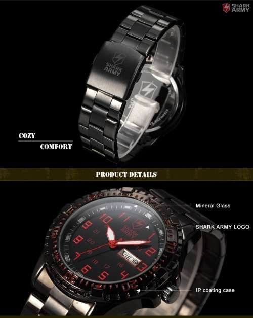 SHARK ARMY Date Day Black Stainless Steel Band Military Mens Quartz Sport Wrist Watch
