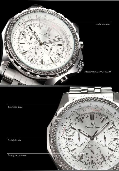 Ks Royal Carving Luxury Full Steel Calendar 24 Hours Auto Mechanical Mens Wristwatch