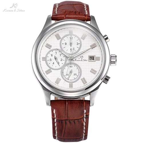 KS Automatic Mechanical Men's Analog Wrist Watch Gold Case Brown Leather Band