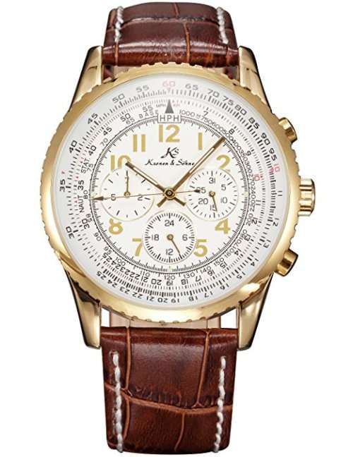 Authentic New KSAviator Luxury Day Date 24Hours Automatic Mechanical Men's Brown Leather Wrist Watch