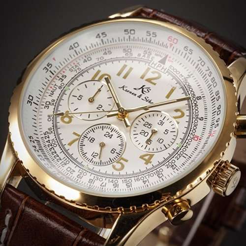 Authentic New KSAviator Luxury Day Date 24Hours Automatic Mechanical Men's Brown Leather Wrist Watch