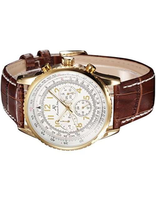 Authentic New KSAviator Luxury Day Date 24Hours Automatic Mechanical Men's Brown Leather Wrist Watch