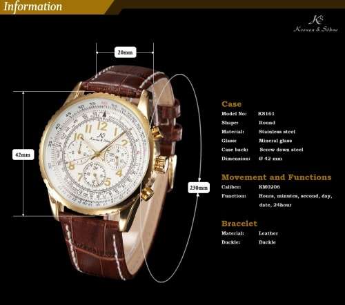Authentic New KSAviator Luxury Day Date 24Hours Automatic Mechanical Men's Brown Leather Wrist Watch