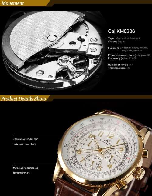 Authentic New KSAviator Luxury Day Date 24Hours Automatic Mechanical Men's Brown Leather Wrist Watch