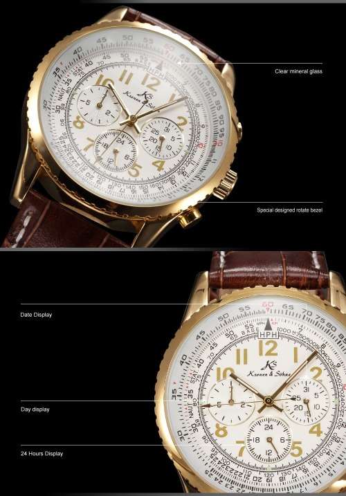 Authentic New KSAviator Luxury Day Date 24Hours Automatic Mechanical Men's Brown Leather Wrist Watch