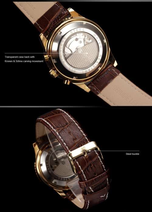 Authentic New KSAviator Luxury Day Date 24Hours Automatic Mechanical Men's Brown Leather Wrist Watch