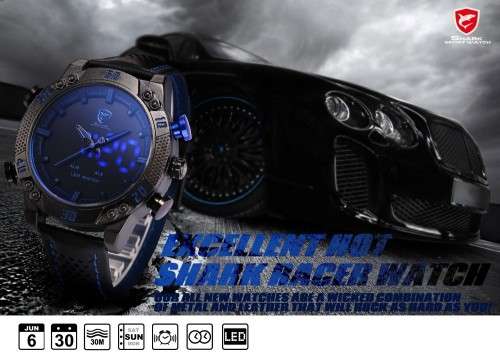 Shark Men's LED Date Day Alarm Digital Analog Quartz Sport Black Leather Band Wrist Watch Blue