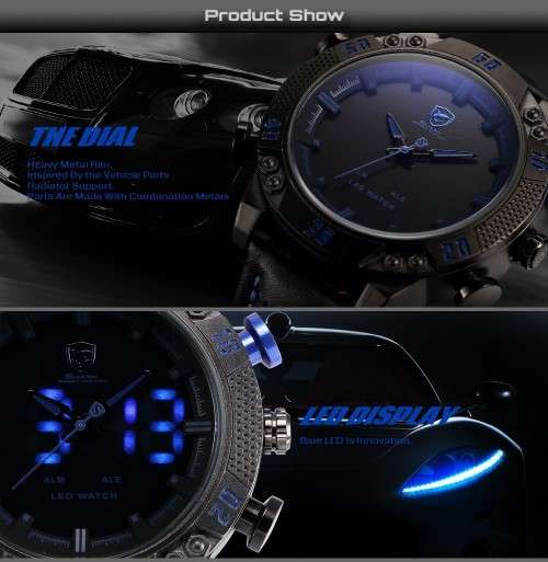 Shark Men's LED Date Day Alarm Digital Analog Quartz Sport Black Leather Band Wrist Watch Blue
