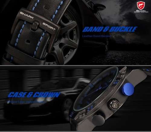 Shark Men's LED Date Day Alarm Digital Analog Quartz Sport Black Leather Band Wrist Watch Blue