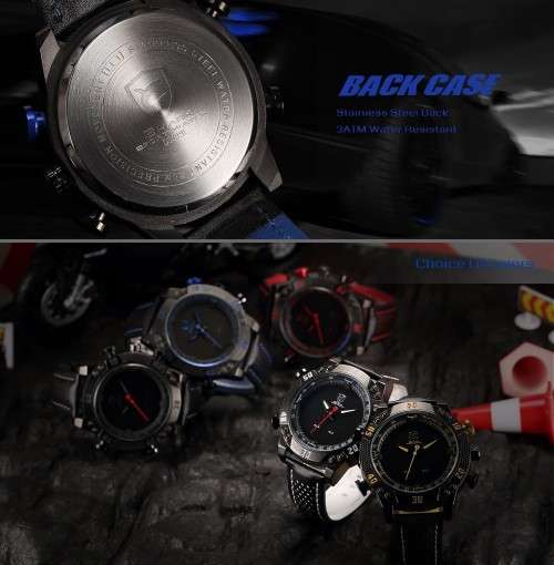 Shark Men's LED Date Day Alarm Digital Analog Quartz Sport Black Leather Band Wrist Watch Blue