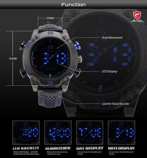 Shark Men's LED Date Day Alarm Digital Analog Quartz Sport Black Leather Band Wrist Watch Blue